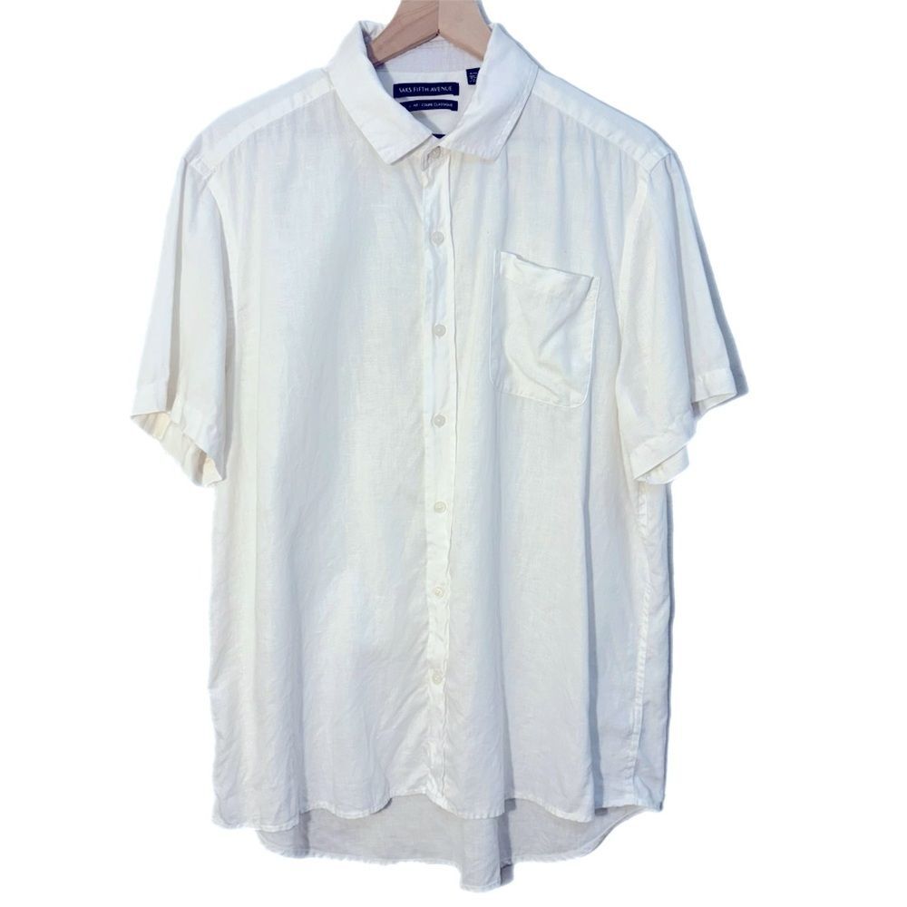 SAKS FIFTH AVENUE 100% Linen White Short Sleeve Button-Down Shirt